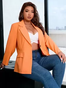Calvaya Plus Lapel Neck Flap Pocket Blazer - Orange - View 5
