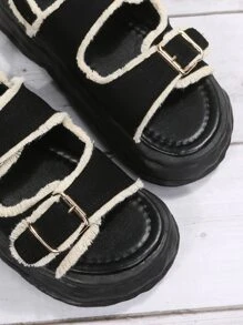 Đồ trang trí khóa Xén Thô Hình phẳng Dép quai hậu , Của phụ nữ Đen Đúng mốt Buckled Màu thuần Nêm Gót chân Dép xăng đan Với Dày Đế - màu đen - Xem 4