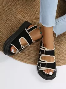 Đồ trang trí khóa Xén Thô Hình phẳng Dép quai hậu , Của phụ nữ Đen Đúng mốt Buckled Màu thuần Nêm Gót chân Dép xăng đan Với Dày Đế - màu đen - Xem 8