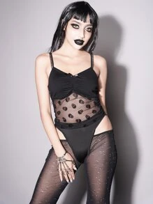 Top de tirantes gótico pecho con fruncido con malla jacquard en contraste - Negro - Ver 1