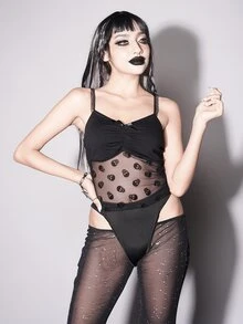 Top de tirantes gótico pecho con fruncido con malla jacquard en contraste - Negro - Ver 6