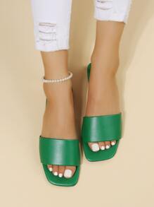 極簡戶外平底拖鞋適用於女士單帶素色人造皮革露趾涼拖 - 綠色 - 查看 2