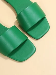 極簡戶外平底拖鞋適用於女士單帶素色人造皮革露趾涼拖 - 綠色 - 查看 4