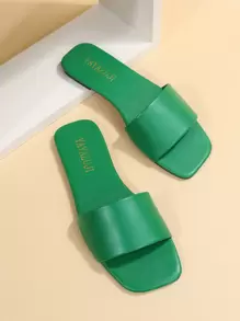 極簡戶外平底拖鞋適用於女士單帶素色人造皮革露趾涼拖 - 綠色 - 查看 5