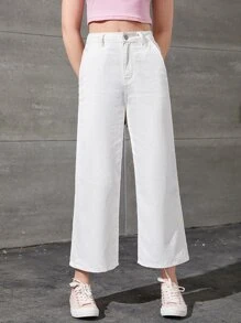 SHEIN 青少年女孩斜口袋闊腿牛仔褲 - 白色 - 查看 1