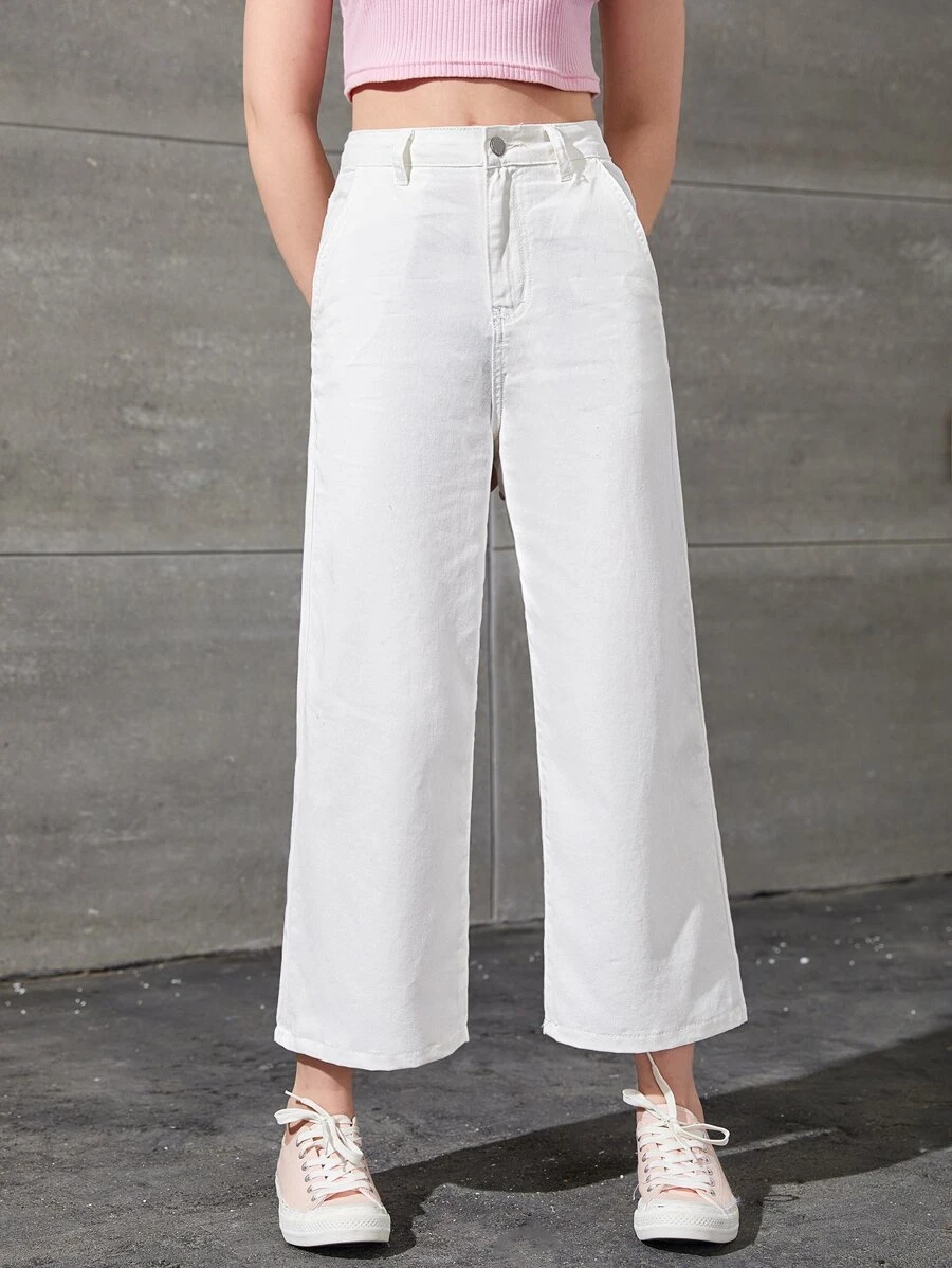 SHEIN 青少年女孩斜口袋闊腿牛仔褲 - 白色 - 查看 1