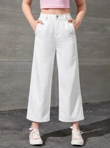 SHEIN 青少年女孩斜口袋闊腿牛仔褲 - 白色 - 查看 3