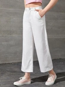 SHEIN 青少年女孩斜口袋闊腿牛仔褲 - 白色 - 查看 4