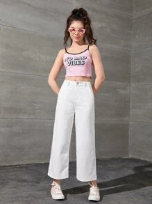 SHEIN 青少年女孩斜口袋闊腿牛仔褲 - 白色 - 查看 5