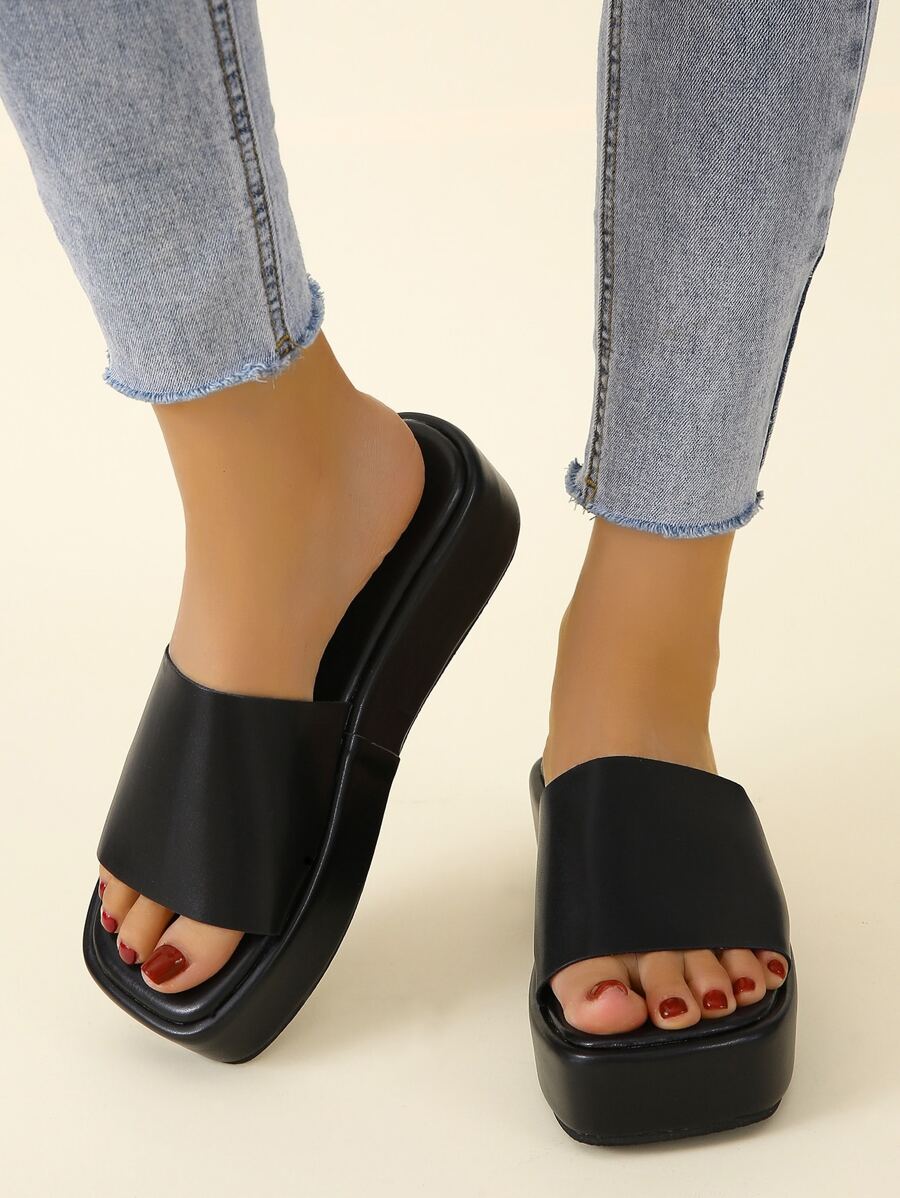 Single Band Flatform Slide Sandals - Black - View 1