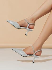 Fall/Winter Women's Pointed Toe High Heel Pumps, Metallic Glitter Upper, Thin Ankle Strap, Suitable For Night Party, Wedding, Elegant Evening Wear,Elegant - Silver - View 4