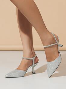 Fall/Winter Women's Pointed Toe High Heel Pumps, Metallic Glitter Upper, Thin Ankle Strap, Suitable For Night Party, Wedding, Elegant Evening Wear,Elegant - Silver - View 6