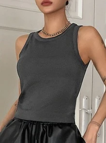 DAZY Solid Ribbed Knit Tank Top - Dark Grey - View 2