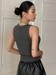 DAZY Solid Ribbed Knit Tank Top - Dark Grey - View 3
