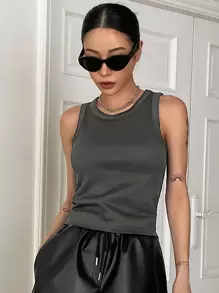 DAZY Solid Ribbed Knit Tank Top - Dark Grey - View 4