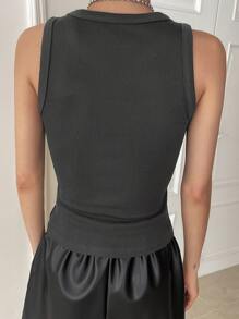 DAZY Solid Ribbed Knit Tank Top - Dark Grey - View 5