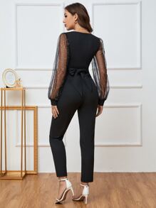SHEIN Clasi Mesh Insert Lantern Sleeve Tie Back Jumpsuit Fall Cloth For Women - Black - View 2