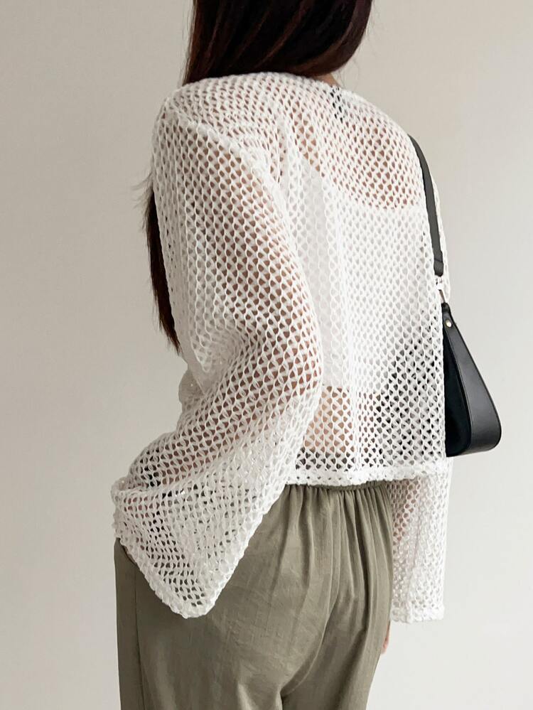 Drawstring Front Bell Sleeve Sheer Blouse Without Cami Top