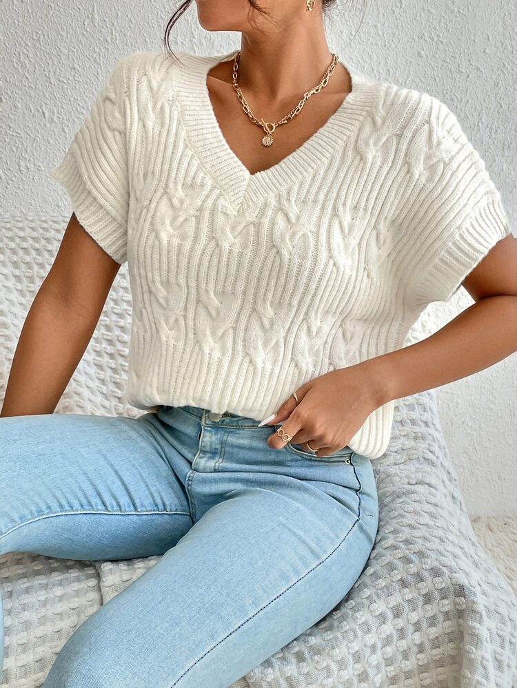 1pc Solid V Neck Batwing Sleeve Knit Top - Beige - View 6