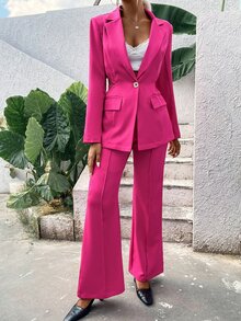 Single Button Lapel Collar Blazer & Tailored Trousers - Hot Pink - View 4