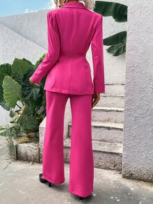 Single Button Lapel Collar Blazer & Tailored Trousers - Hot Pink - View 5