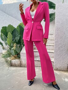 Single Button Lapel Collar Blazer & Tailored Trousers - Hot Pink - View 3