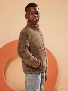 SOLOCOTE 男孩斜插口袋泰迪夾克 - 駝色 - 查看 3