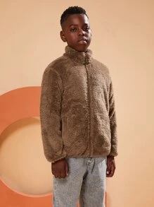 SOLOCOTE 男孩斜插口袋泰迪夾克 - 駝色 - 查看 6