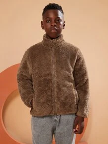 SOLOCOTE 男孩斜插口袋泰迪夾克 - 駝色 - 查看 7