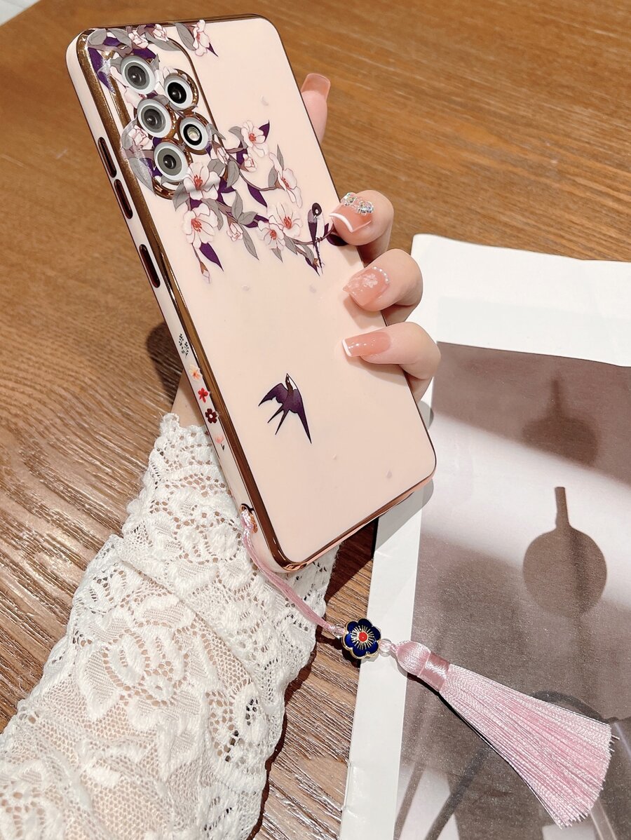 Flower & Bird Phone Case With Tassel Pendant - Multicolor - View 1