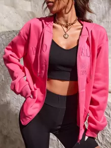 SHEIN EZwear 字母刺繡拉鍊開襟連帽衫 - 玫紅色 - 查看 1