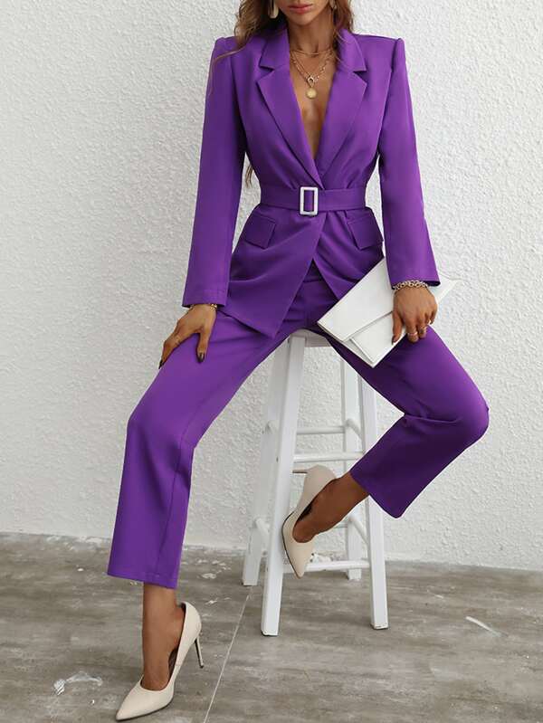 SHEIN Privé Single Button Belted Blazer & Tailored Pants SHEIN USA