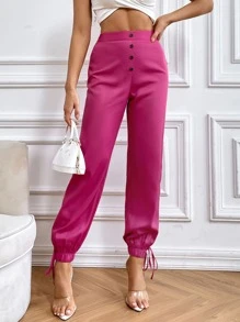 前紐扣下擺打結長褲 - 玫紅色 - 查看 1