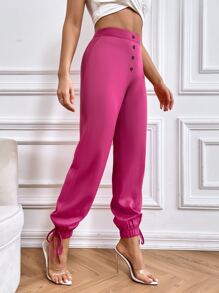 前紐扣下擺打結長褲 - 玫紅色 - 查看 5