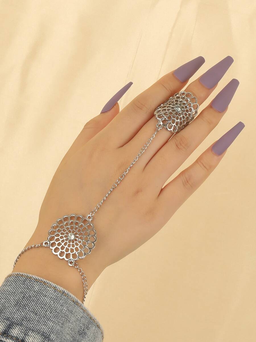 Vòng tay găng tay trang trí bằng đá & hoa - Bạc - Xem 1