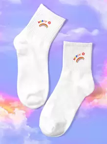 Rainbow & Letter Graphic Crew Socks - White - View 1