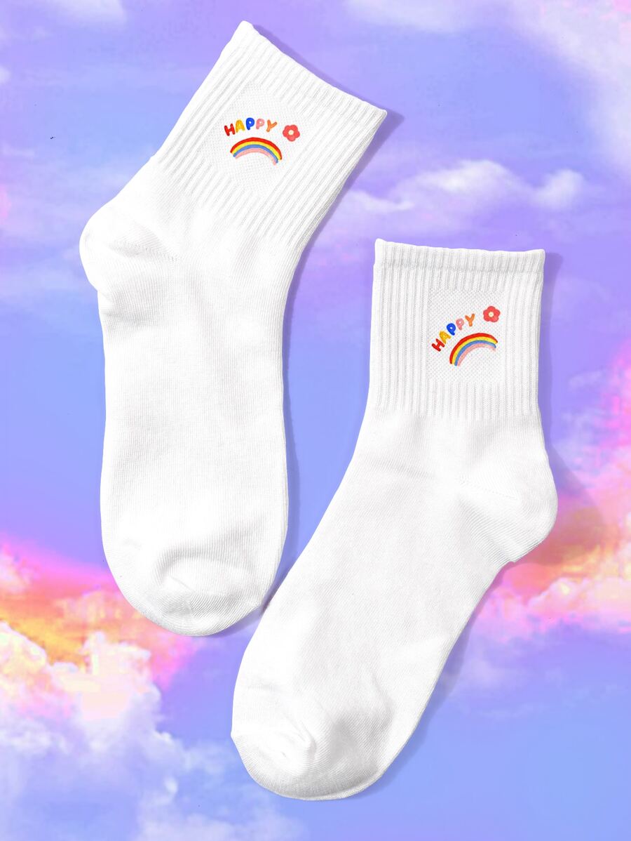 Rainbow & Letter Graphic Crew Socks - White - View 1
