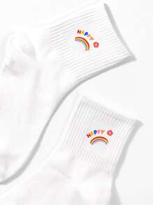 Rainbow & Letter Graphic Crew Socks - White - View 2