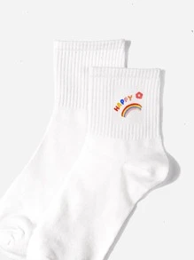 Rainbow & Letter Graphic Crew Socks - White - View 3