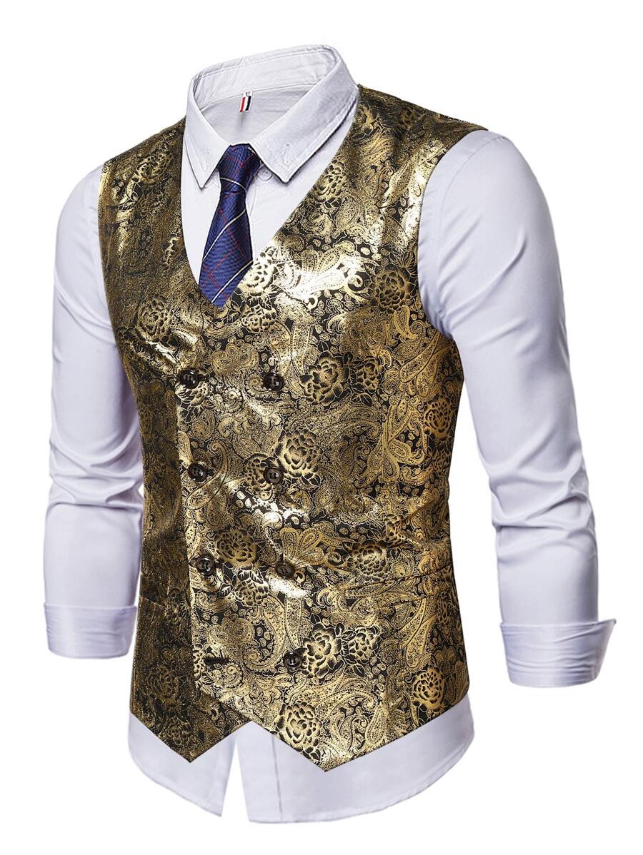 Manfinity AFTRDRK 男士1入組燙金花朵和佩斯利印花馬甲 - 金色 - 查看 1