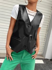 SHEIN EZwear 口袋細節PU皮革夾克背心 - 黑色 - 查看 3