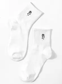 1 Par De Calcetines Hasta La Pantorrilla Con Estampado De Rosas Adecuados Para El Día De San Valentín - Blanco - Ver 1