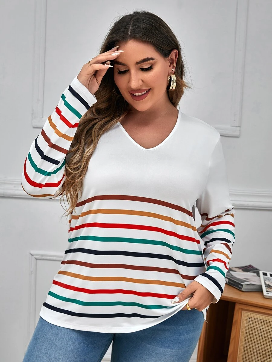 SHEIN LUNE Áo thun Plus size Khối Màu Sọc Giải trí - trắng - Xem 1