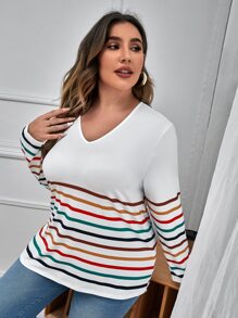 SHEIN LUNE Áo thun Plus size Khối Màu Sọc Giải trí - trắng - Xem 5