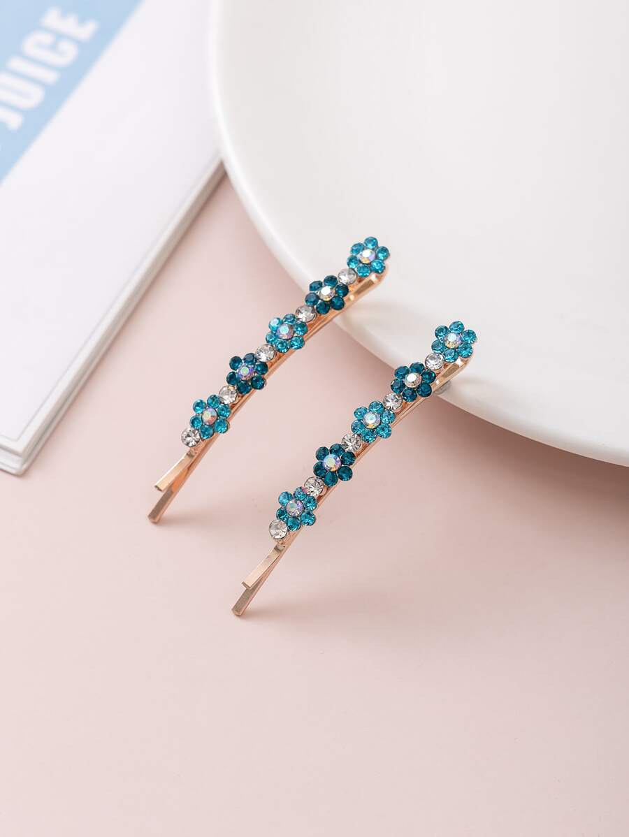 2pcs Rhinestone Flower Decor Bobby Pin Cute Hair Clips Claw Clips Hair Barrettes, School Stuff, Looks Of Party, Hair Accessories, Head Accessories - Multicolor - View 1