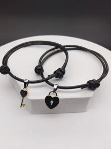 10pcs Leather & Alloy Handcrafted Black Key Lock Braided Adjustable Couple Bracelet, Unisex For Daily Wear, Gift For Holidays