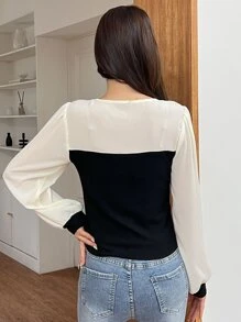 DAZY Tay áo lồng đèn Khối màu Áo - Đen và trắng - Xem 2