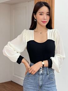 DAZY Tay áo lồng đèn Khối màu Áo - Đen và trắng - Xem 6