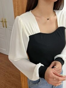 DAZY Tay áo lồng đèn Khối màu Áo - Đen và trắng - Xem 7