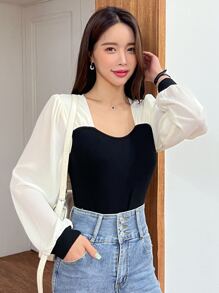 DAZY Tay áo lồng đèn Khối màu Áo - Đen và trắng - Xem 8